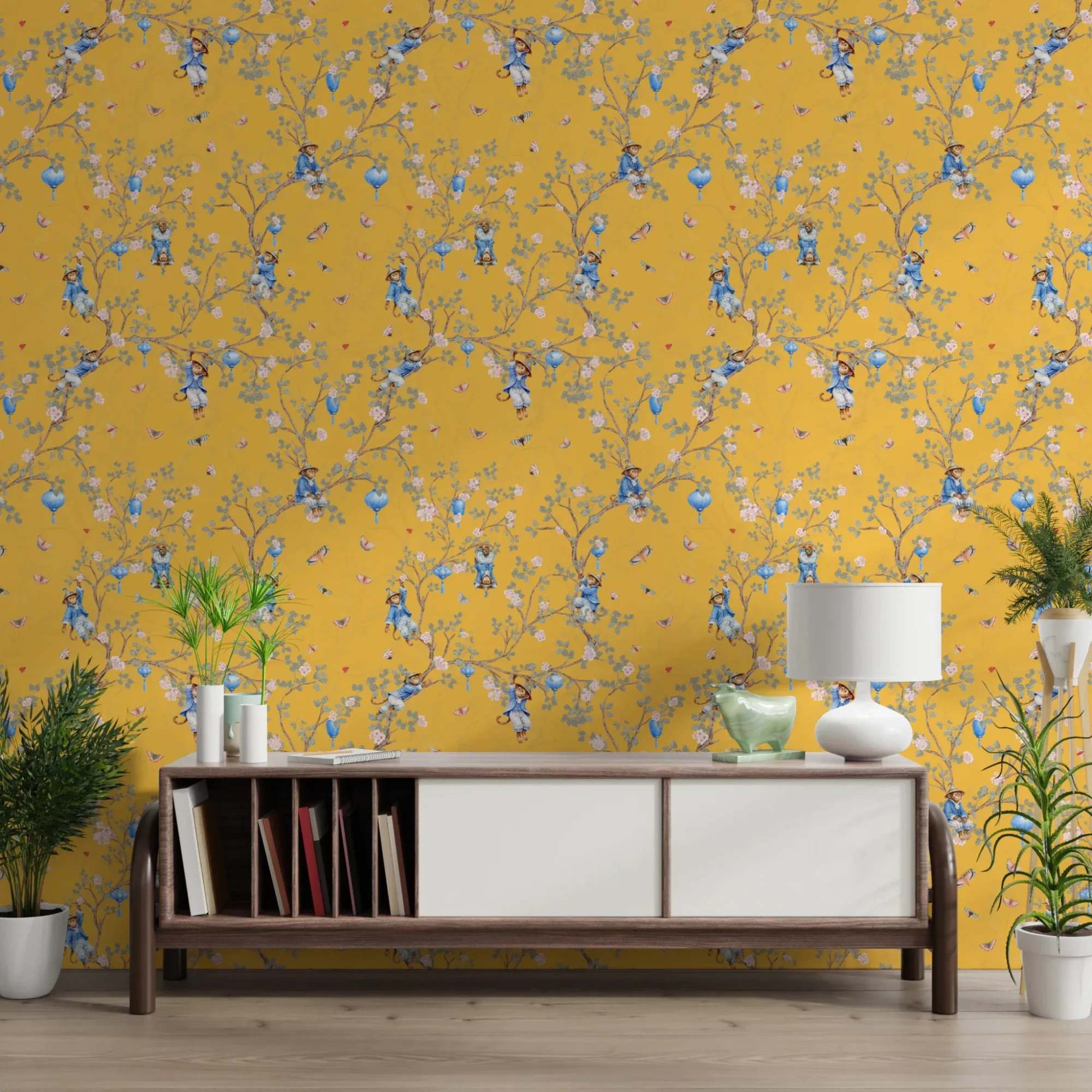 Vintage Rococo Chinoiserie Asian Lanterns with Monkeys and Sakura Flowers Yellow Wallpaper