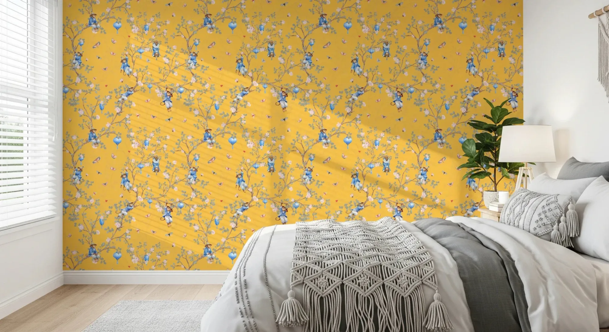 Vintage Rococo Chinoiserie Asian Lanterns with Monkeys and Sakura Flowers Yellow Wallpaper