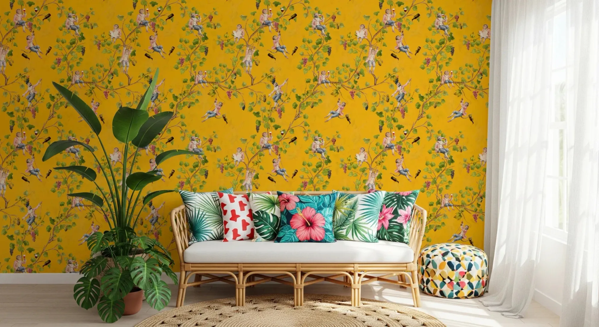Whimsical Rococo Monkeys Wine Festival Aristocratic Vineyard Vintage Garden Yellow Wallpaper