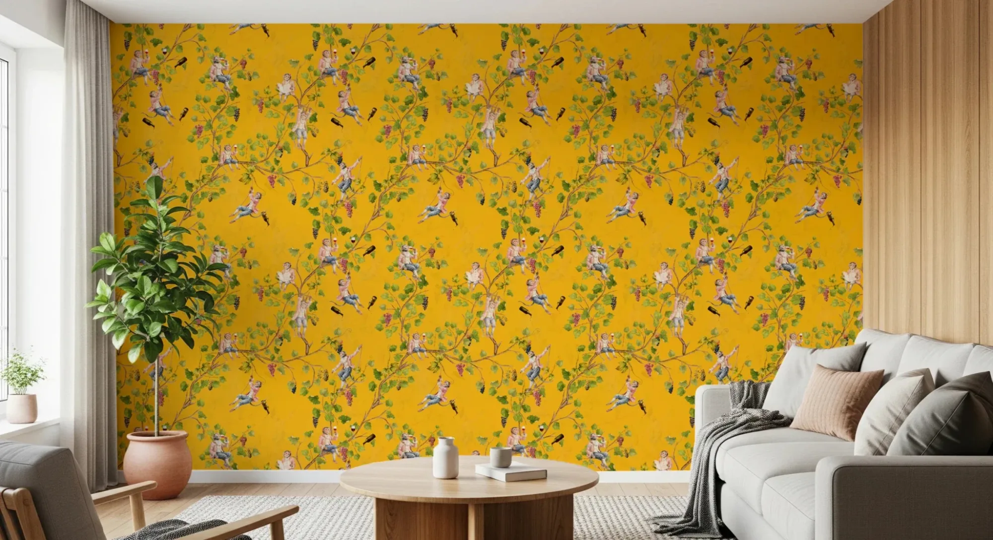 Whimsical Rococo Monkeys Wine Festival Aristocratic Vineyard Vintage Garden Yellow Wallpaper