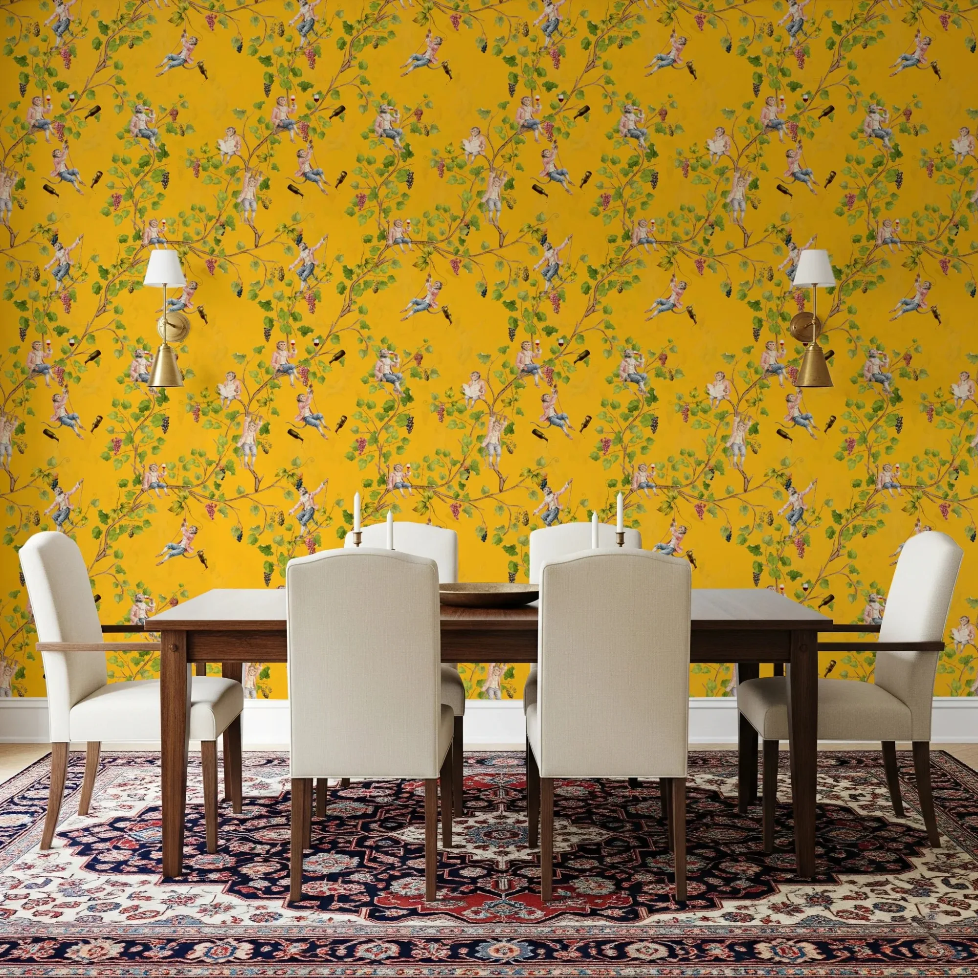 Whimsical Rococo Monkeys Wine Festival Aristocratic Vineyard Vintage Garden Yellow Wallpaper