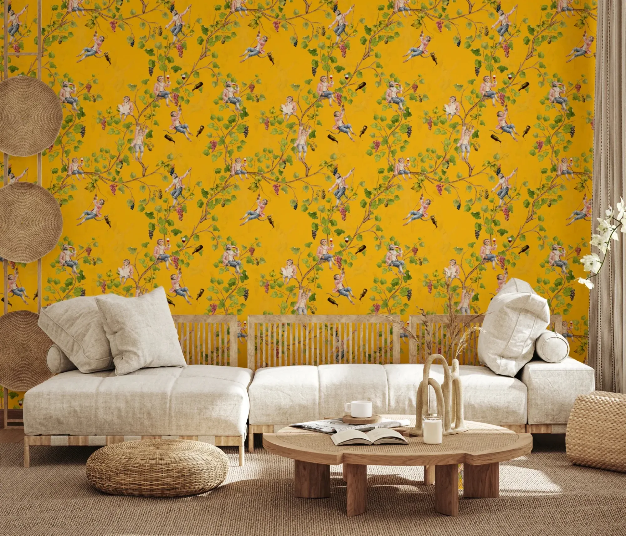 Whimsical Rococo Monkeys Wine Festival Aristocratic Vineyard Vintage Garden Yellow Wallpaper