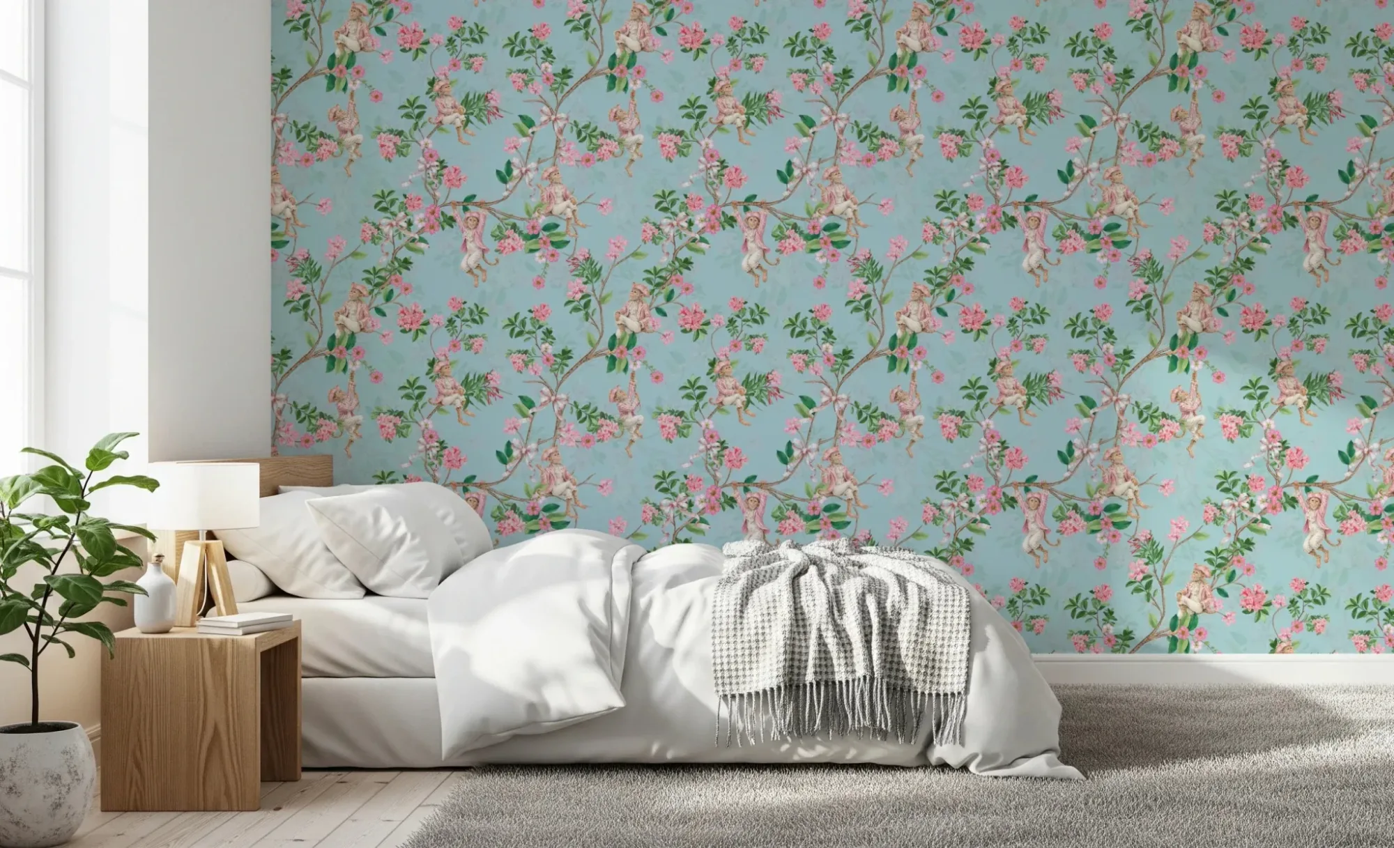 Whimsical Rococo Monkeys Wine Festival Vintage Aristocratic Vineyard Garden Party Blue Wallpaper