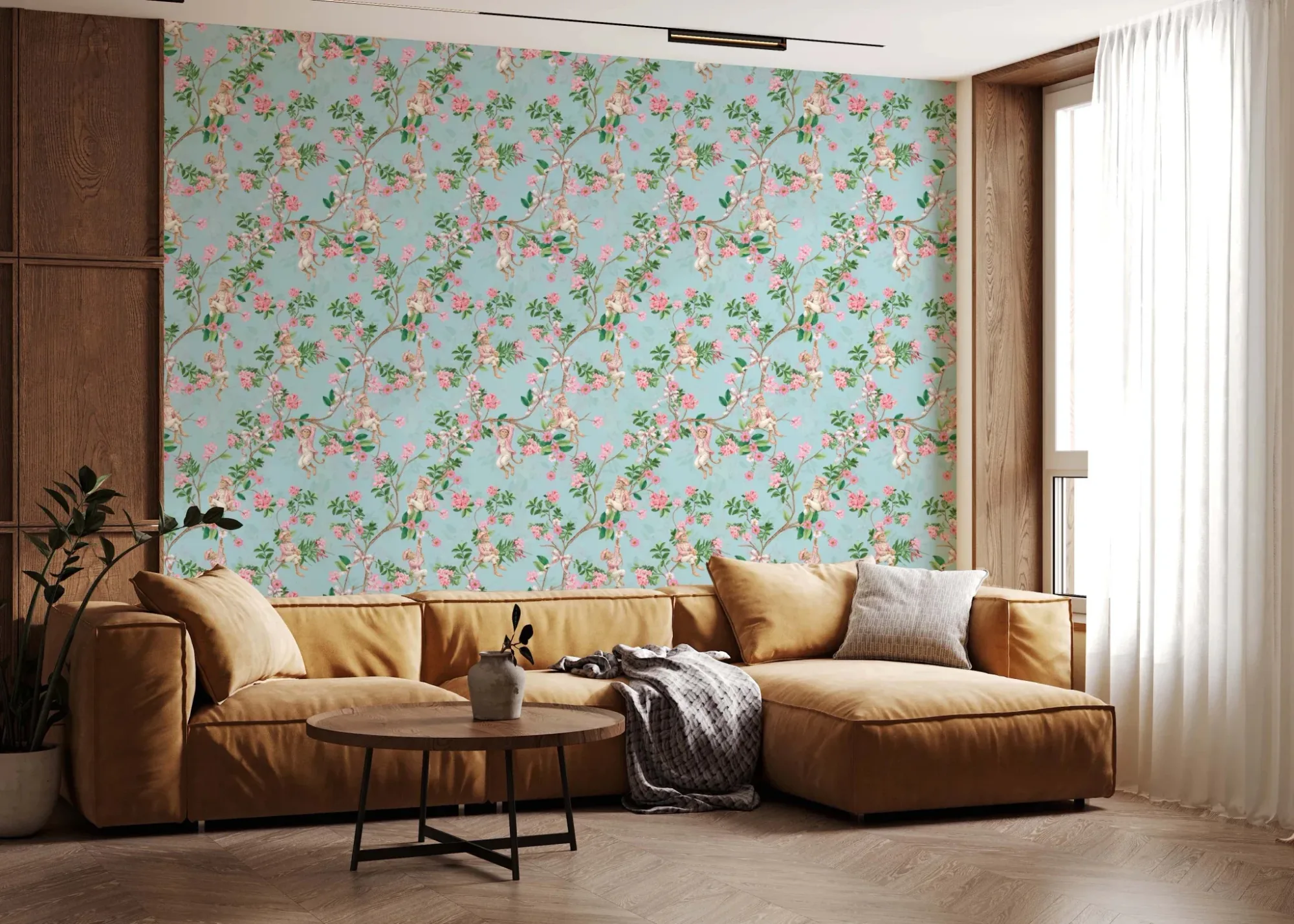 Whimsical Rococo Monkeys Wine Festival Vintage Aristocratic Vineyard Garden Party Blue Wallpaper