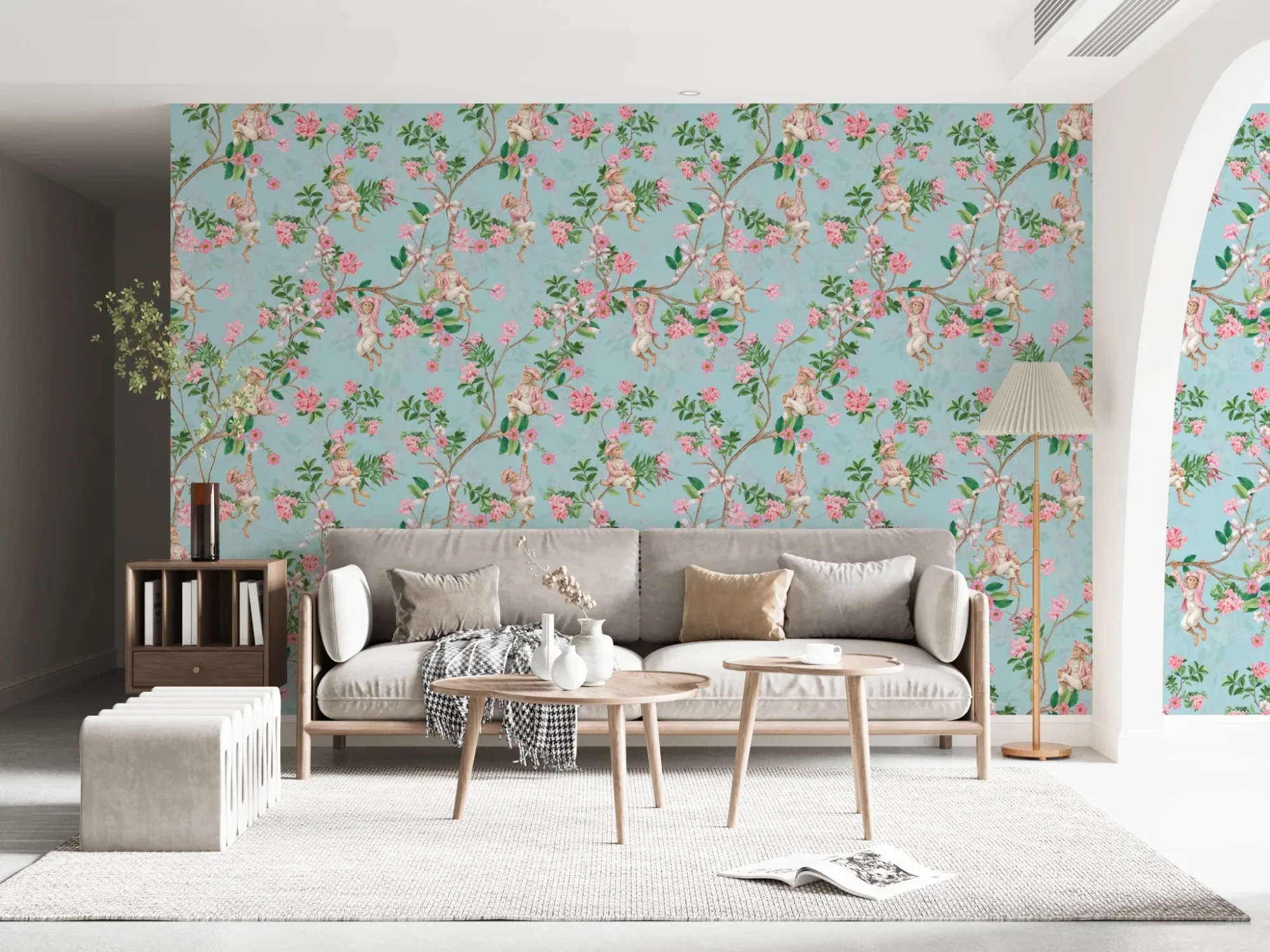 Whimsical Rococo Monkeys Wine Festival Vintage Aristocratic Vineyard Garden Party Blue Wallpaper