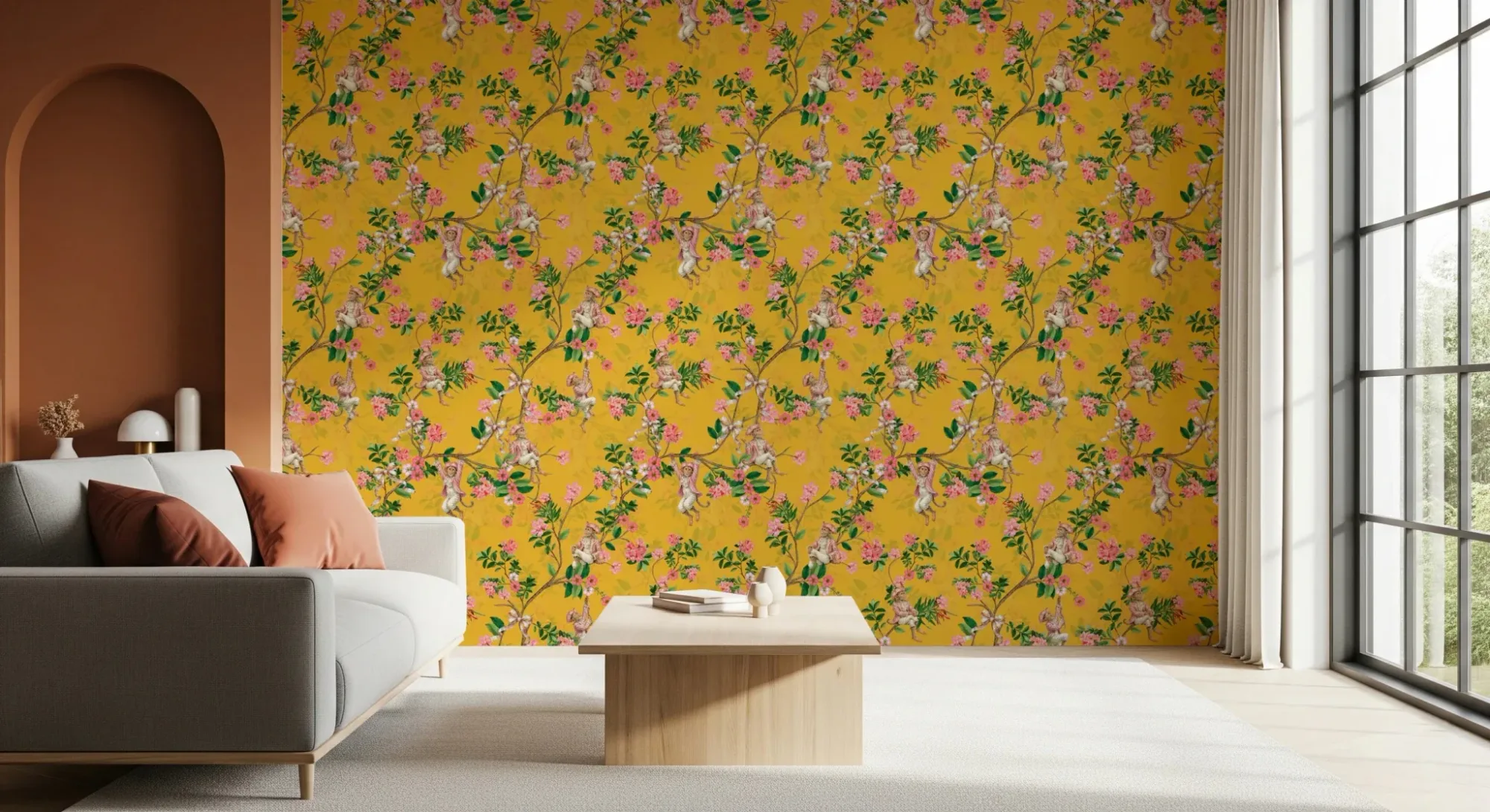 Whimsical Rococo Monkeys Wine Festival Vintage Aristocratic Vineyard Garden Party Yellow Wallpaper