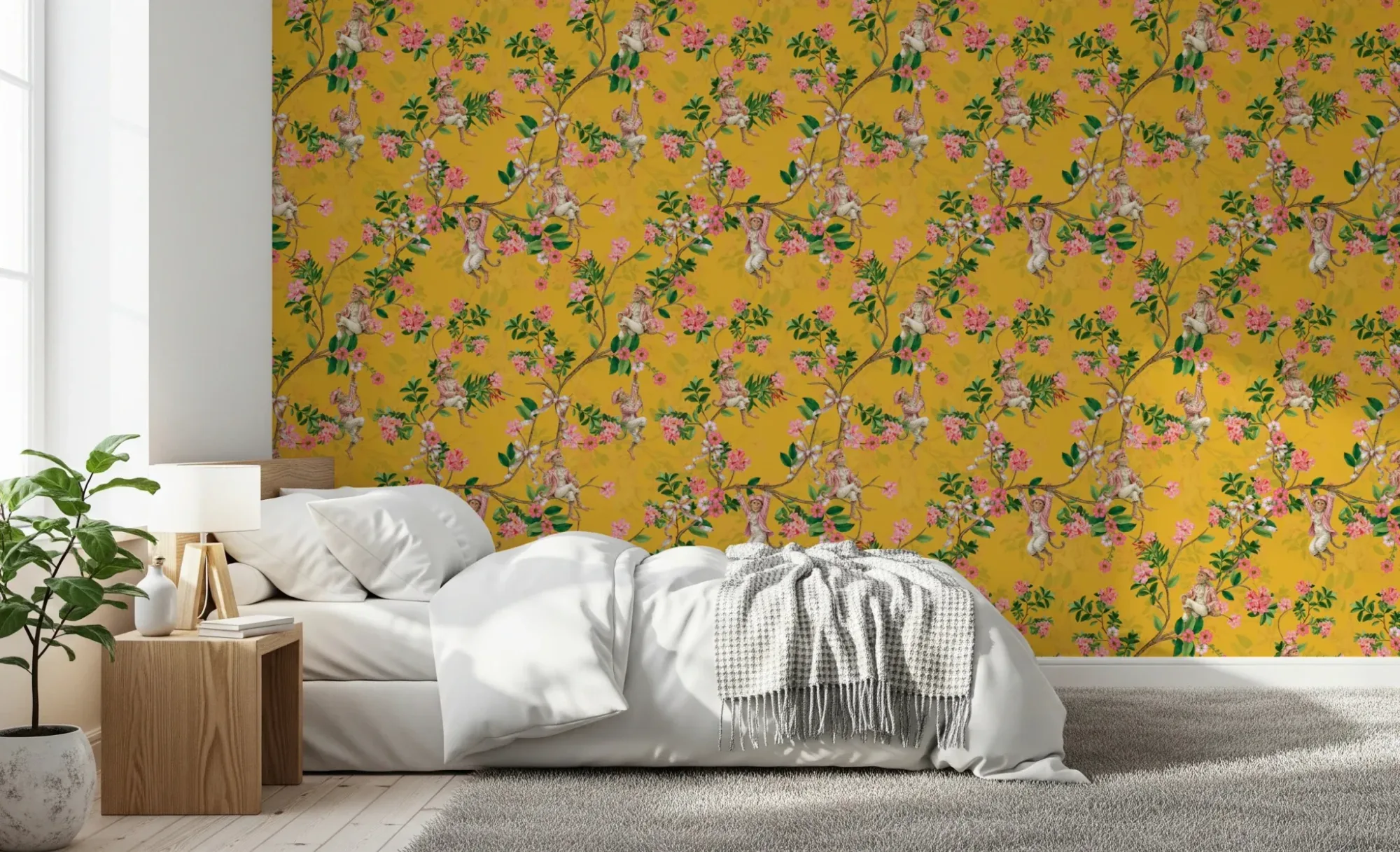 Whimsical Rococo Monkeys Wine Festival Vintage Aristocratic Vineyard Garden Party Yellow Wallpaper
