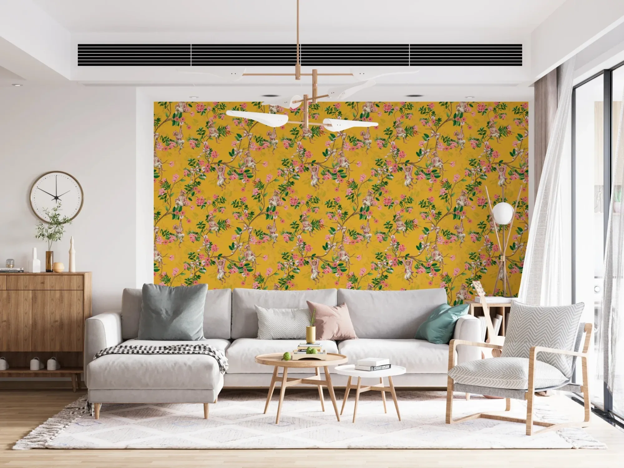 Whimsical Rococo Monkeys Wine Festival Vintage Aristocratic Vineyard Garden Party Yellow Wallpaper
