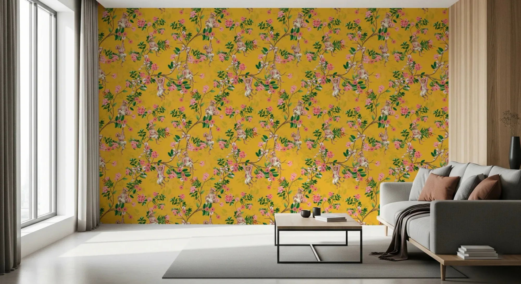 Whimsical Rococo Monkeys Wine Festival Vintage Aristocratic Vineyard Garden Party Yellow Wallpaper