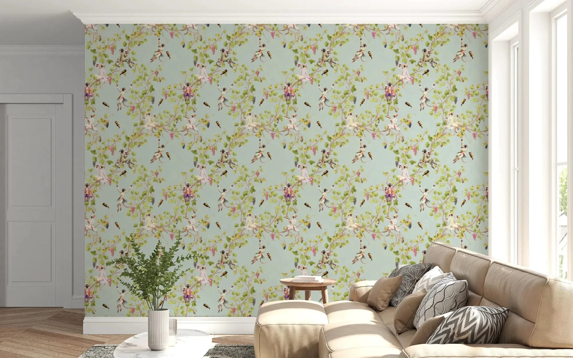 Whimsical Rococo Monkeys Wine Festival Vintage Aristocratic Vineyard Garden Turquoise Wallpaper