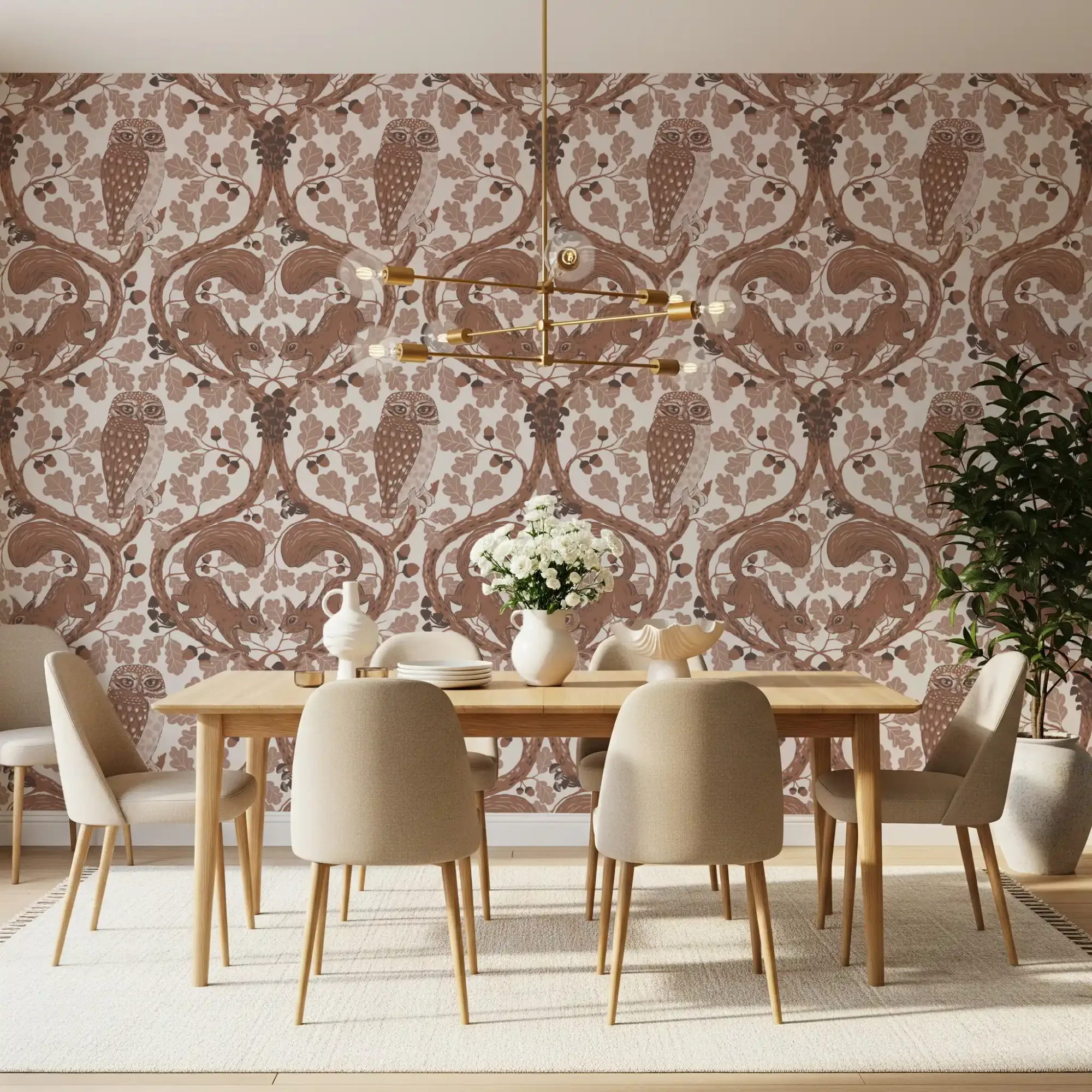 Woodland Whispers/Owls and Squirrels in the Oak/Mocha Mousse and Coffee Brown 2 Wallpaper
