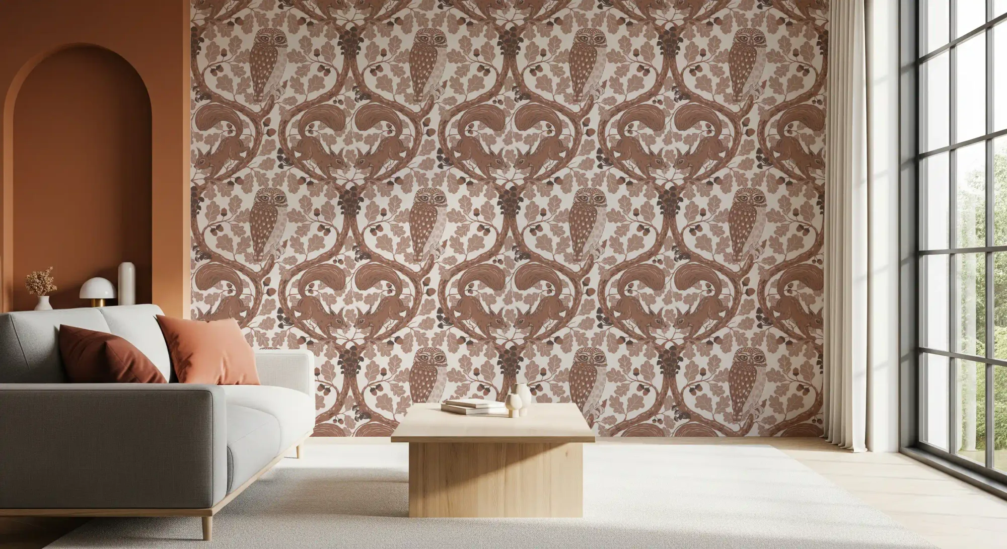 Woodland Whispers/Owls and Squirrels in the Oak/Mocha Mousse and Coffee Brown 2 Wallpaper