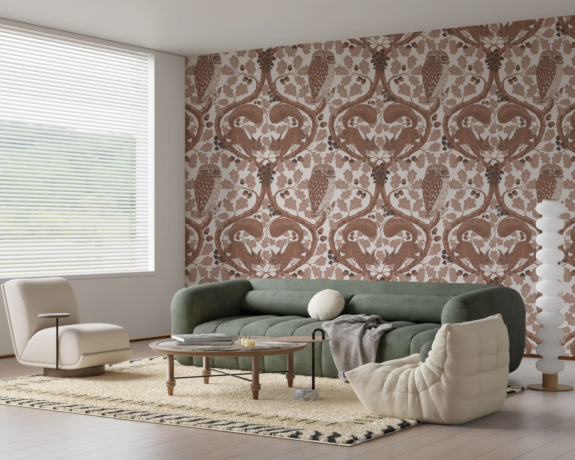 Woodland Whispers/Owls and Squirrels in the Oak/Mocha Mousse and Coffee Brown 2 Wallpaper
