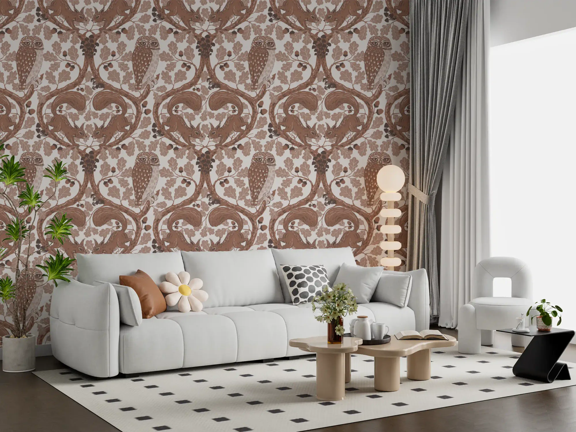 Woodland Whispers/Owls and Squirrels in the Oak/Mocha Mousse and Coffee Brown 2 Wallpaper
