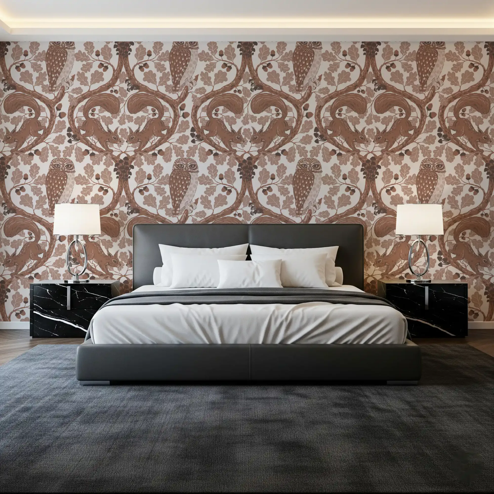 Woodland Whispers/Owls and Squirrels in the Oak/Mocha Mousse and Coffee Brown 2 Wallpaper