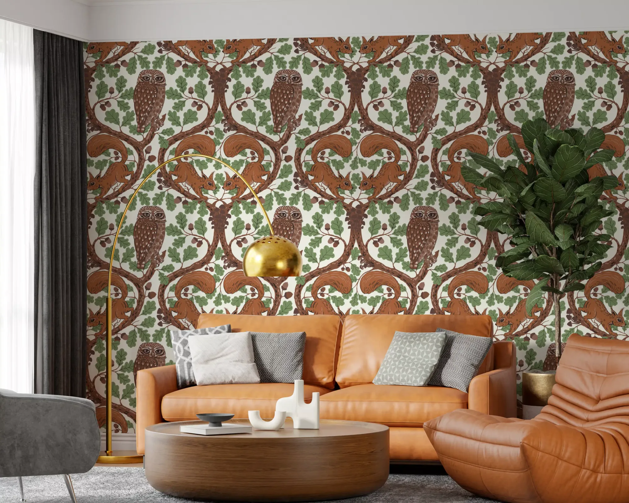 Woodland Whispers/Owls and Squirrels in the Oak/Mocha Mousse and Coffee Brown 3 Wallpaper