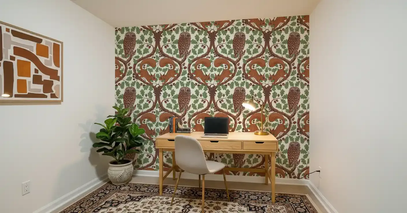 Woodland Whispers/Owls and Squirrels in the Oak/Mocha Mousse and Coffee Brown 3 Wallpaper
