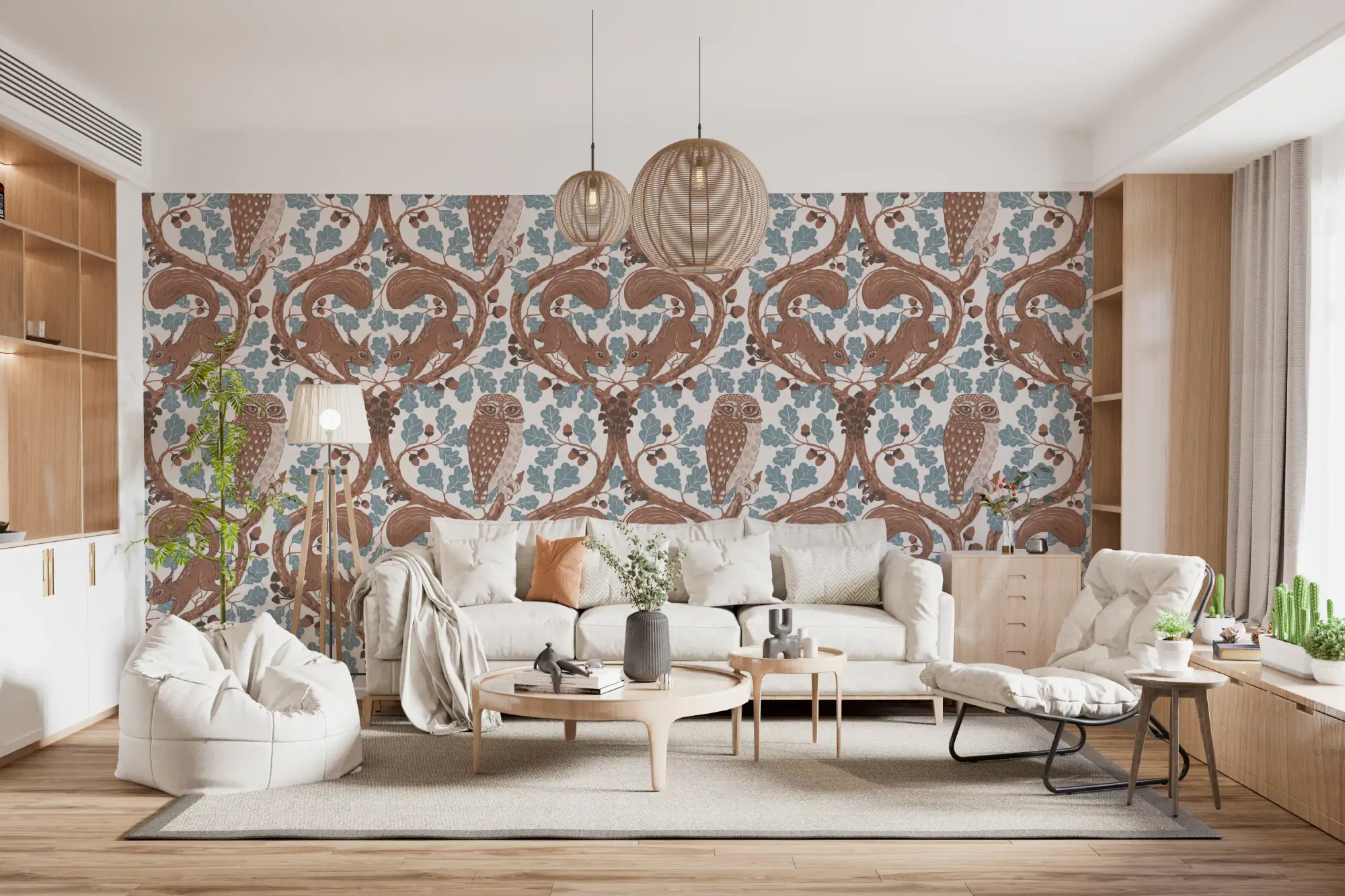 Woodland Whispers/Owls and Squirrels in the Oak/Mocha Mousse and Coffee Brown Wallpaper