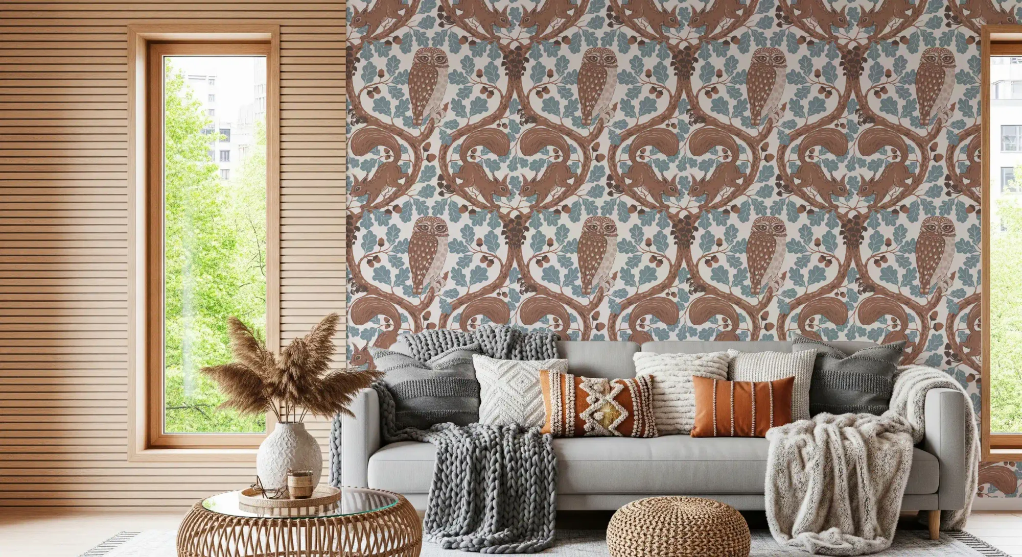 Woodland Whispers/Owls and Squirrels in the Oak/Mocha Mousse and Coffee Brown Wallpaper