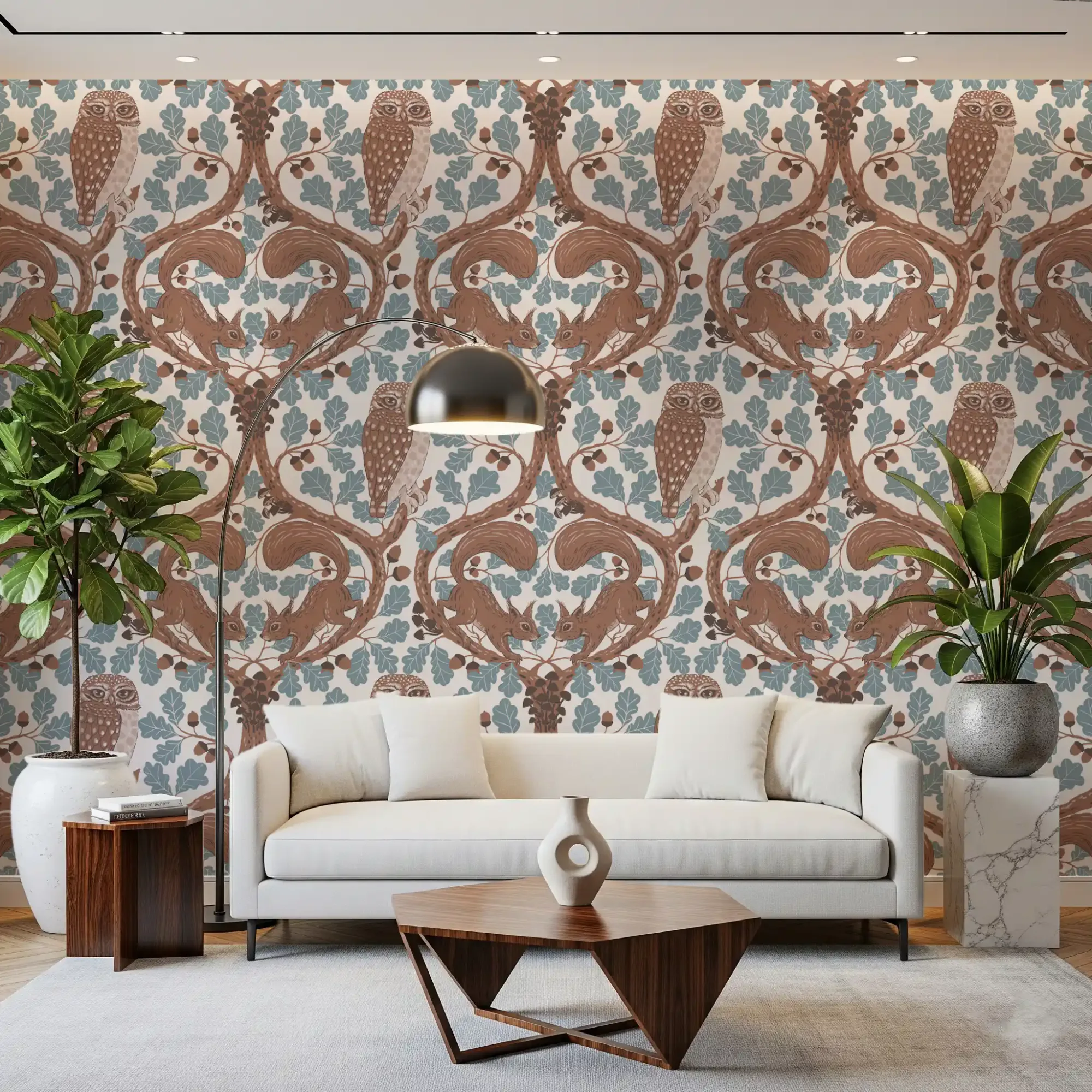 Woodland Whispers/Owls and Squirrels in the Oak/Mocha Mousse and Coffee Brown Wallpaper
