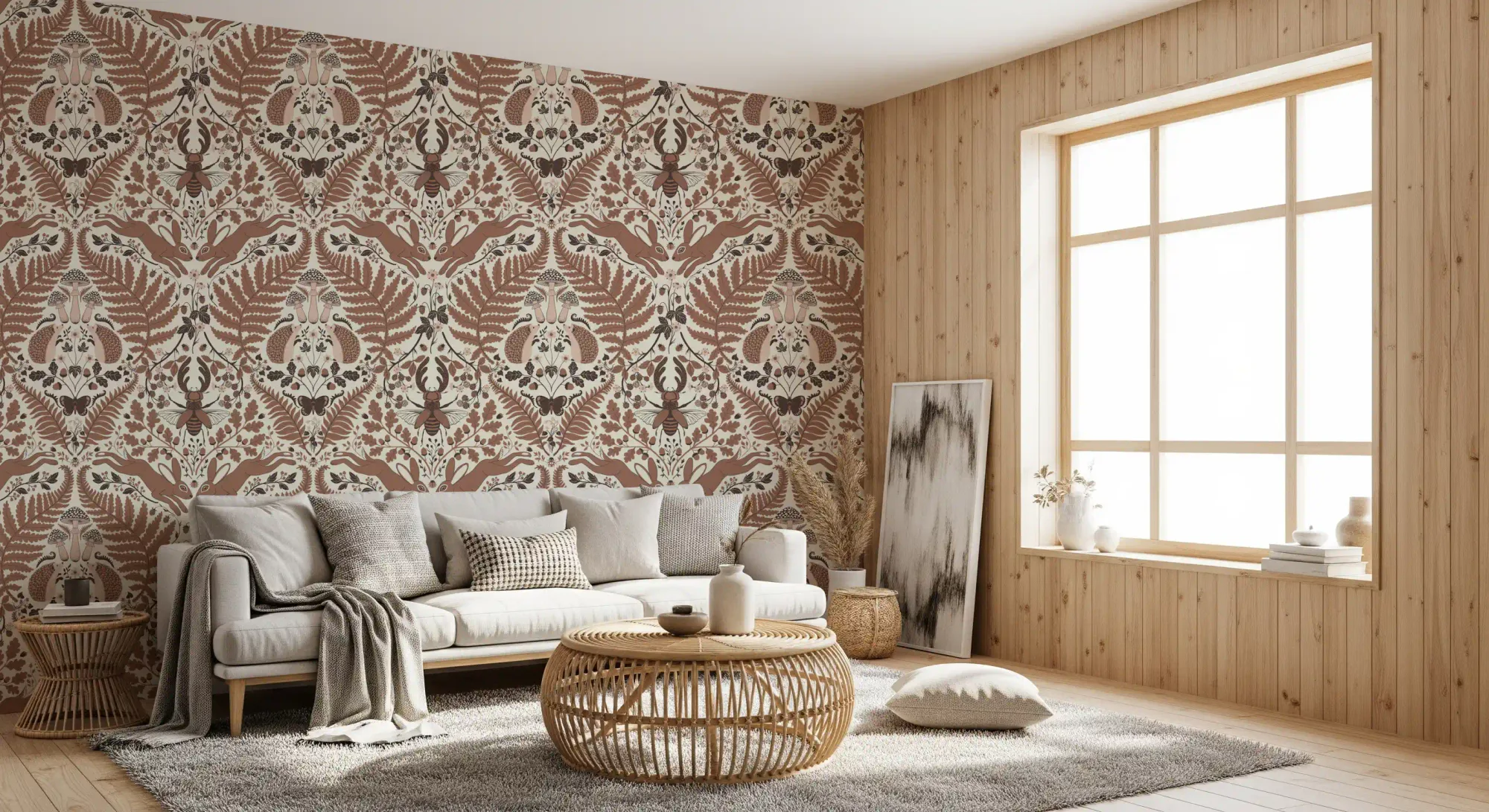 Woodland Whispers/Owls and Squirrels in the Oak/Mocha Mousse Brown and Arona Blue Wallpaper