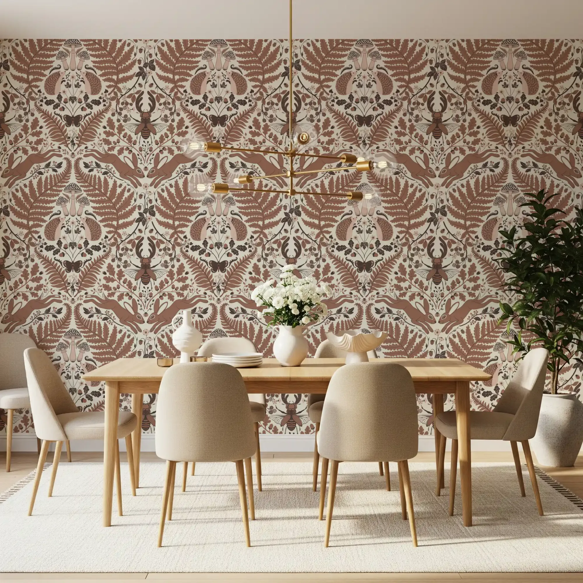 Woodland Whispers/Owls and Squirrels in the Oak/Mocha Mousse Brown and Arona Blue Wallpaper