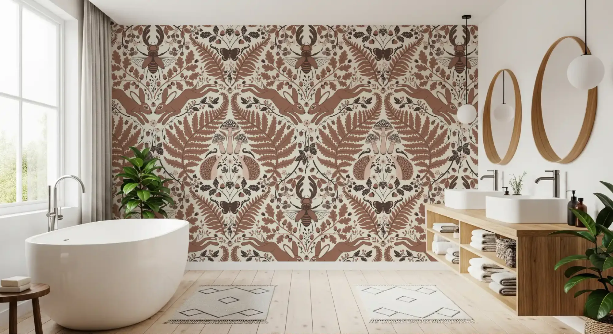 Woodland Whispers/Owls and Squirrels in the Oak/Mocha Mousse Brown and Arona Blue Wallpaper