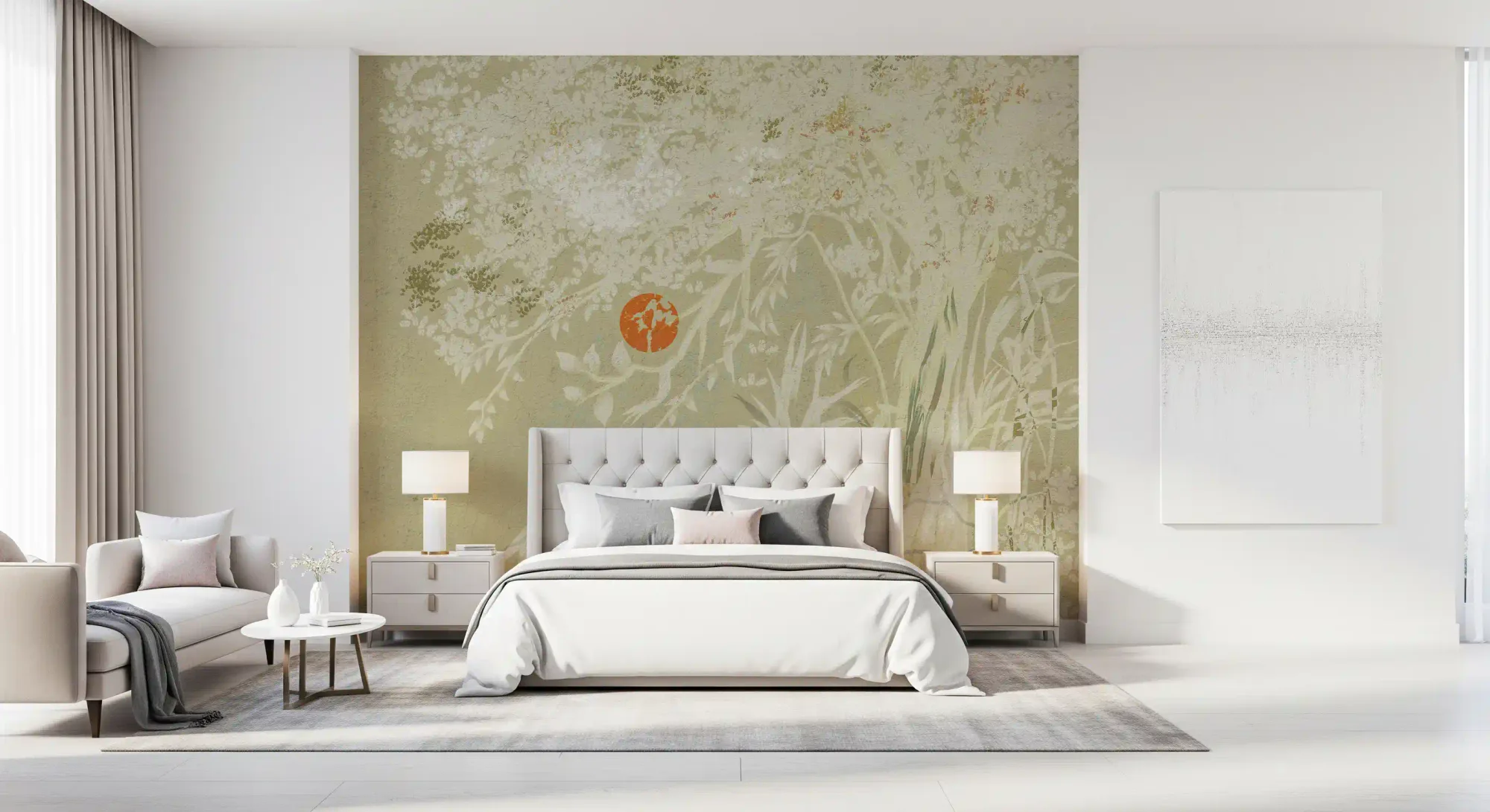 Zen Japanese Botanical Sunrise Japandi Style Landscape with Weathered White Wall Mural