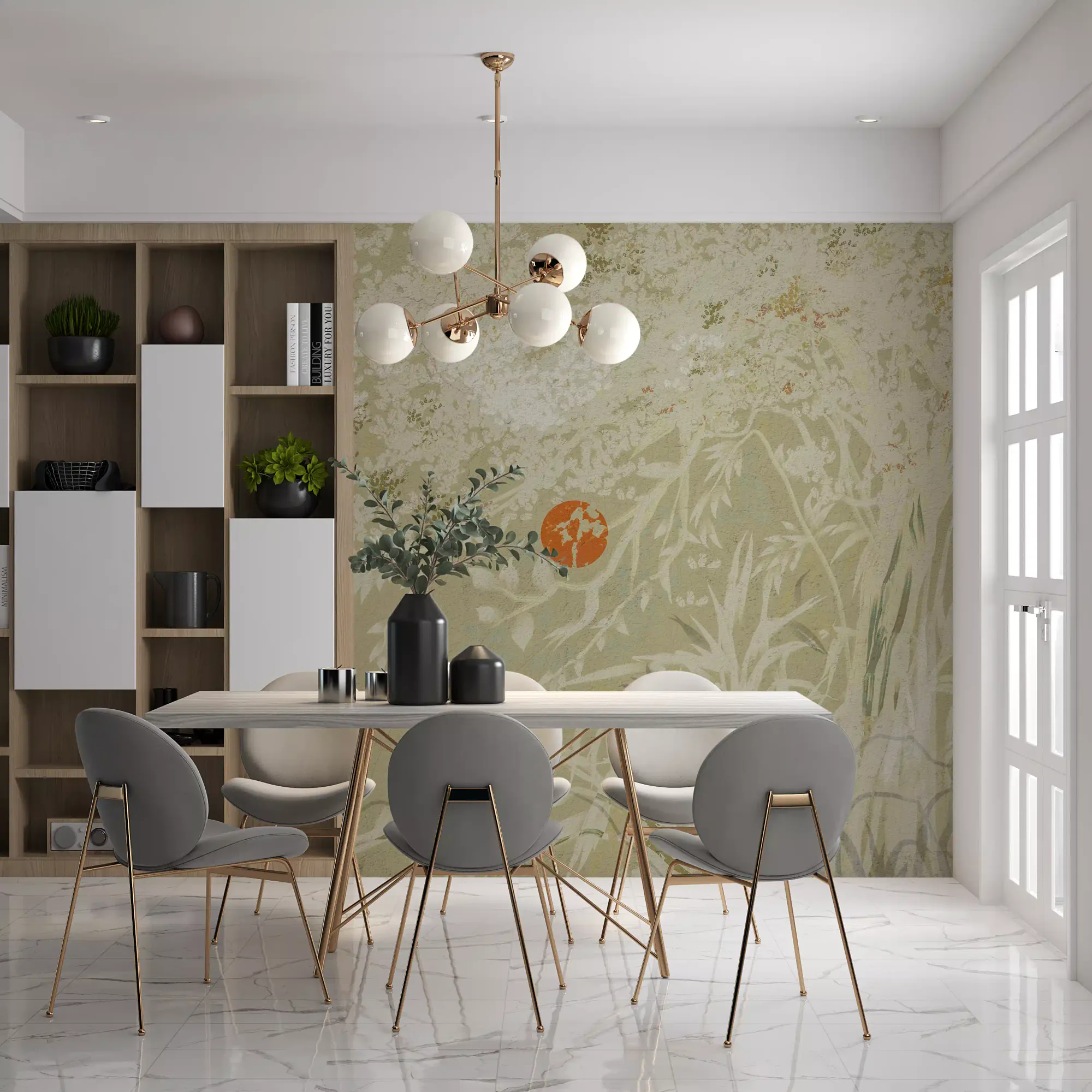 Zen Japanese Botanical Sunrise Japandi Style Landscape with Weathered White Wall Mural