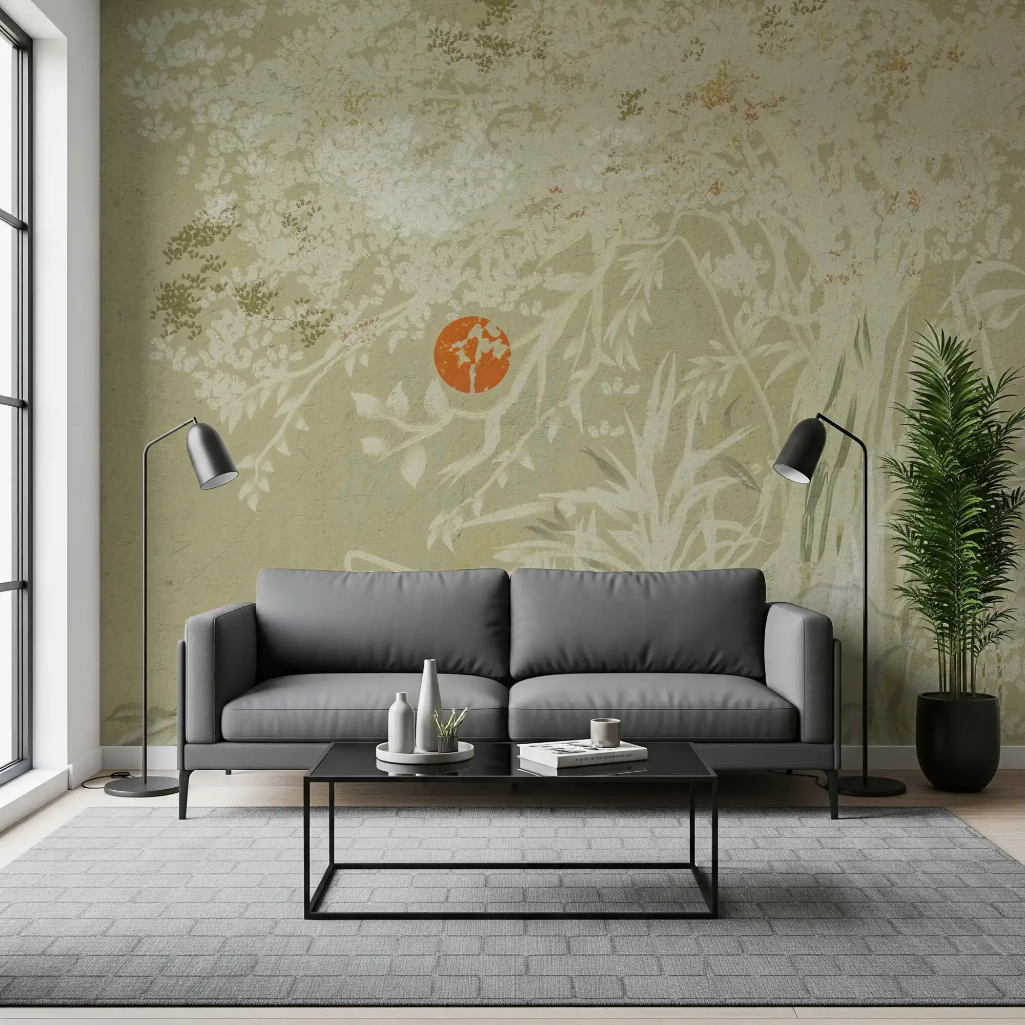Zen Japanese Botanical Sunrise Japandi Style Landscape with Weathered White Wall Mural