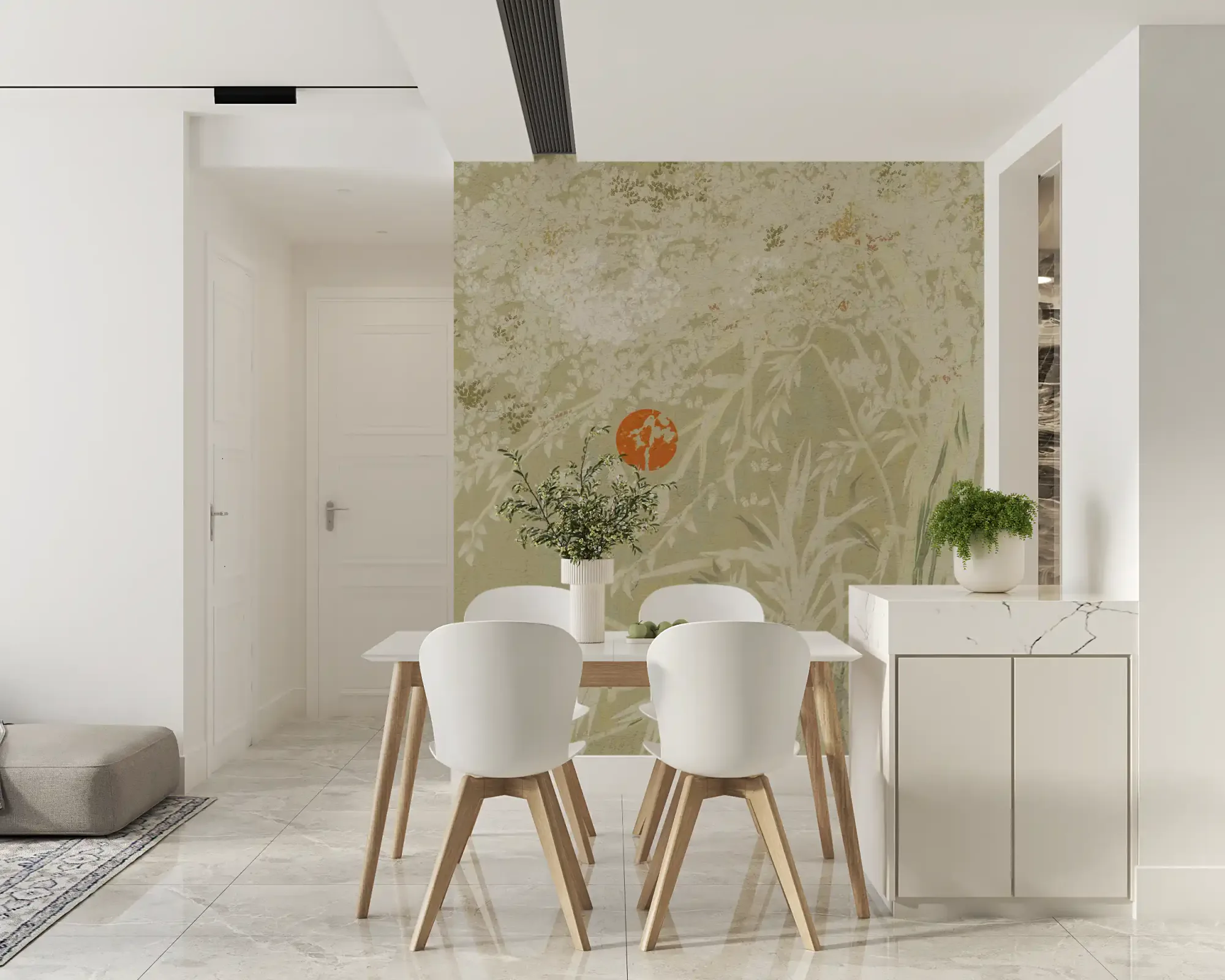 Zen Japanese Botanical Sunrise Japandi Style Landscape with Weathered White Wall Mural